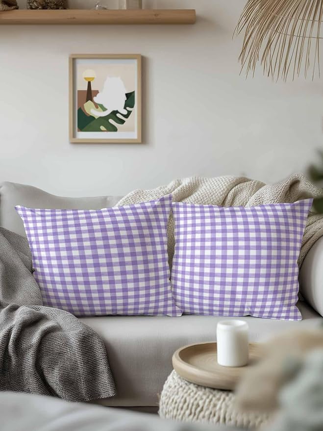 Outdoor Waterproof Throw Pillows Purple White Checkered Plaid Patio Pillows Pack of 2,Decorative Pillow Covers with Insert,Pillow Cushion Case for Garden Couch Sofa Gradient Buffalo Check