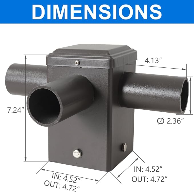 90 Degree Square Horizontal Tenon Adaptor with 3 Arms, Dark Bronze Heavy Duty Steel 4" Square Pole to Tenon, Top Tenon for 2 3/8" Slip Fitter Mount Led Shoebox Light 3 Fixture
