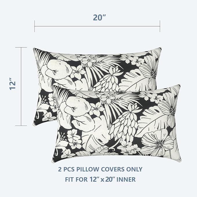 LVTXIII Outdoor Lumbar Pillow Covers Only Set of 2 Patio Decorative Pillow Cases, Water Repellent Lumbar Cushion Cases for Sofa, Patio Couch Garden Use, 12x20 Inch, Tropical Blossom Noir
