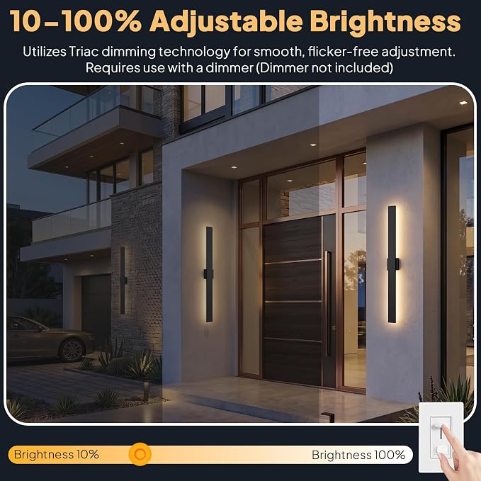 2 Pack LED Outdoor Wall Sconce Dimmable, 3000K 4500K 6000K, 47.2" Modern Black Linear Exterior Lighting Fixtures, IP65 Waterproof Outside Lights for Entrance, Hallway, Garage, Porch