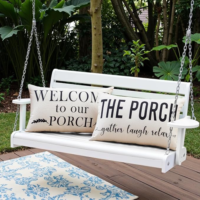 Porch Decor White Outdoor Lumbar Pillow Covers Waterproof 12x20 for Patio | Set of 2, Patio Decor, Porch Pillows, Outdoor Pillows Waterproof, Outdoor Pillows for Patio Furniture, Weather Resistant