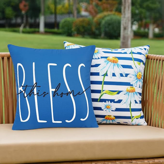 cygnus Spring Summer Waterproof Outdoor Pillow Covers 18x18 Inch Set of 4 Home Sweet Home Bless Daisy Striped Outdoor Pillows for Patio Furniture Garden Bench Proch Balcony,Blue