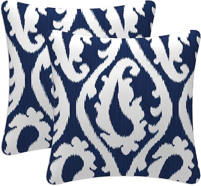 Pack of 2 Outdoor Waterproof Decorative Throw Pillows with Inserts for Patio Furniture, 18x18 Inch Fade Resistant Patio Garden Cushions for Couch Bed Sofa, Paisley Navy