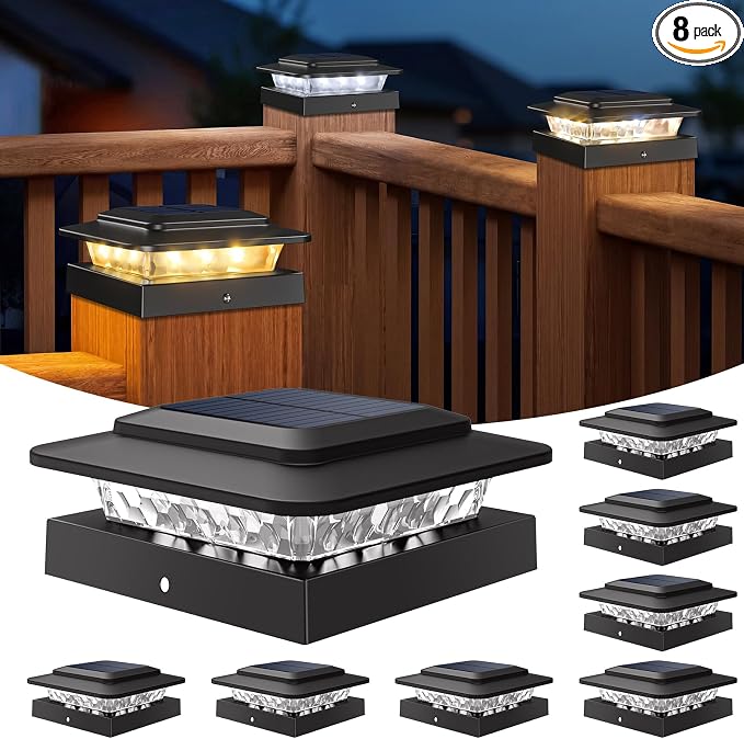 kolpop 4x4 Solar Post Cap Lights Outdoor 8Pack- 3 Color Temperatures& 2 Level Brightness, IP65 Waterproof, 16 LED Black Fence Deck Post Light Solar Powered Only for 4×4/3.5×3.5 Wood/Vinyl Posts