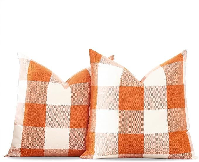 Orange Fall Outdoor Plaid Large Pillow Covers 22x22, Fall Decor for Bedroom | Set of 2, Fall Couch Checkered Plaid Pillow Covers 22 x 22, Fall Pillows Decorative Throw Pillows, Fall Decor for Living Room