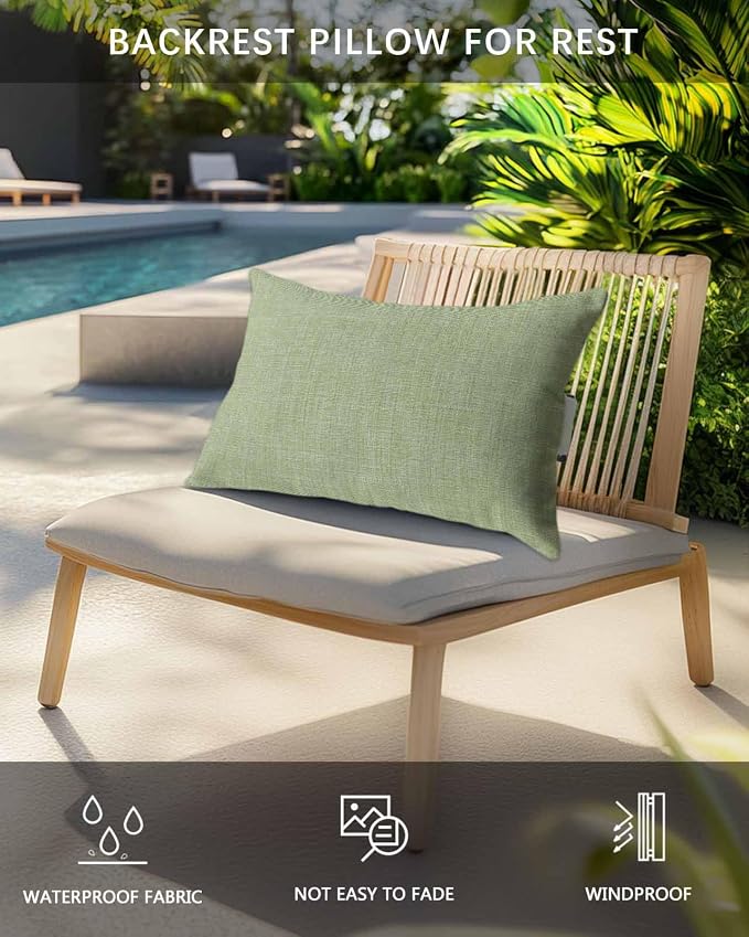 Pack of 2 Outdoor Lumbar Pillow Covers 11x16 Inch, Vintage Sage Green Waterproof Throw Pillow Covers Set, Farmhouse Retro Beige Solid Color Indoor&Outdoor Cushion Cases for Patio Porch Beach