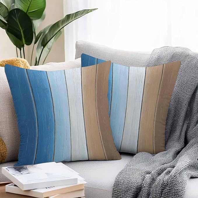 Throw Pillow Covers 20x20 Inch Set of 2, Blue Brown Waterproof Outdoor Cushion Covers, Gradient Wood Grain Farmhouse Country Decorative Pillowcases for Couch, Sofa, Bed, Garden, Patio