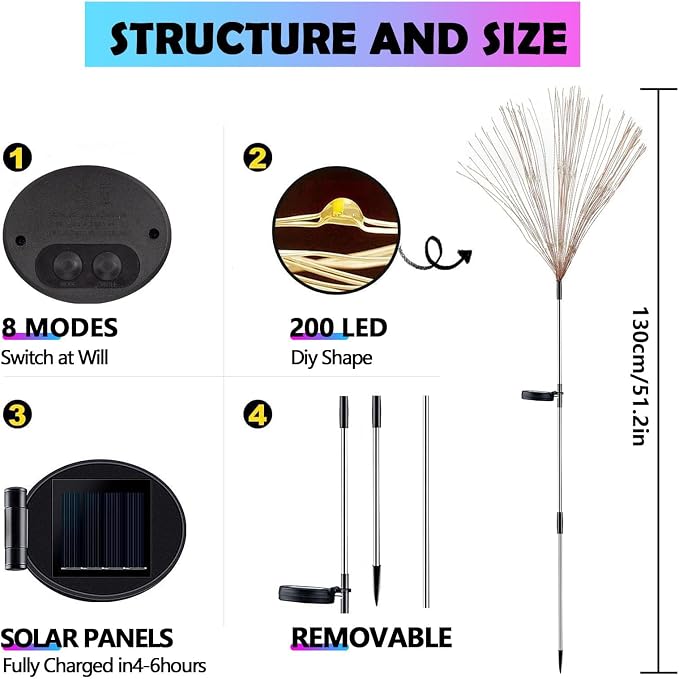 Solar Firework Lights Outdoor, Adjustable 32" to 51" Extra Tall, 200 LED Stainless Steel 3-Section Pole, 8 Modes Waterproof Starburst Garden Lights for Yard Pathway Walkway Decor(Color 6 Pack)
