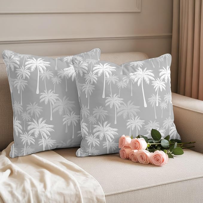 Throw Pillow Covers 26x26 Inch Set of 2, Tropical Palm Tree Waterproof Outdoor Pillow Covers, Gray White Plants Coastal Leaf Beach Decorative Cushion Pillowcases for Couch, Sofa, Bed, Garden, Patio