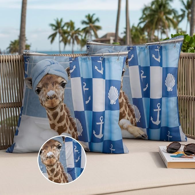 Bathing Giraffe Waterproof Outdoor Pillow Covers Set of 2 Home Decor, Funny Animal Showering Lumbar Pillowcase Patio Pillow Covers for Couch Bench Patio Furniture Garden 20x20in