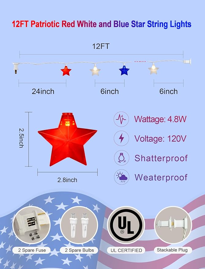 12Ft 4th of July String Lights, 20L LED Red White and Blue Star Lights | Plug in for Patriotic Home Porch Mantel Classroom Backyard Tree Decor, Independence Day Decorations, Indoor and Outdoor Use