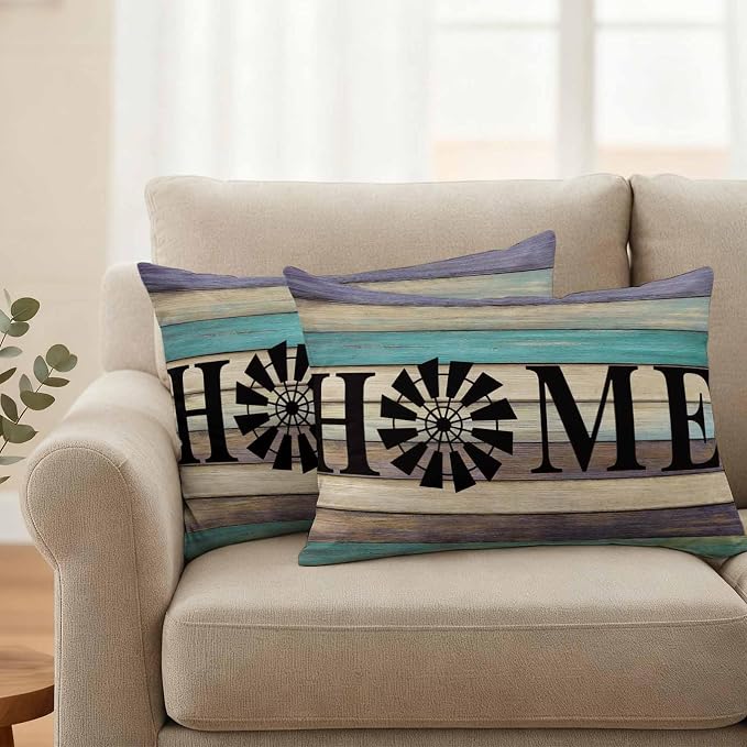 Outdoor Pillow Covers Set of 2, Farm Home Windmill Decorative Throw Pillow Covers 20X12IN, Farmhouse Vintage Wood Board Throw Pillows Protector Cushion Case for Patio,Couch,Sofa,Garden
