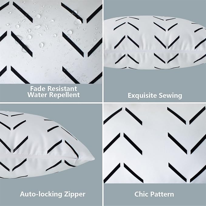 Adabana Geometric Waterproof Outdoor Pillow Covers 18x18 Black and White | Set of 2 Waterproof Design for Patio, Porch, Garden and Beach Decor
