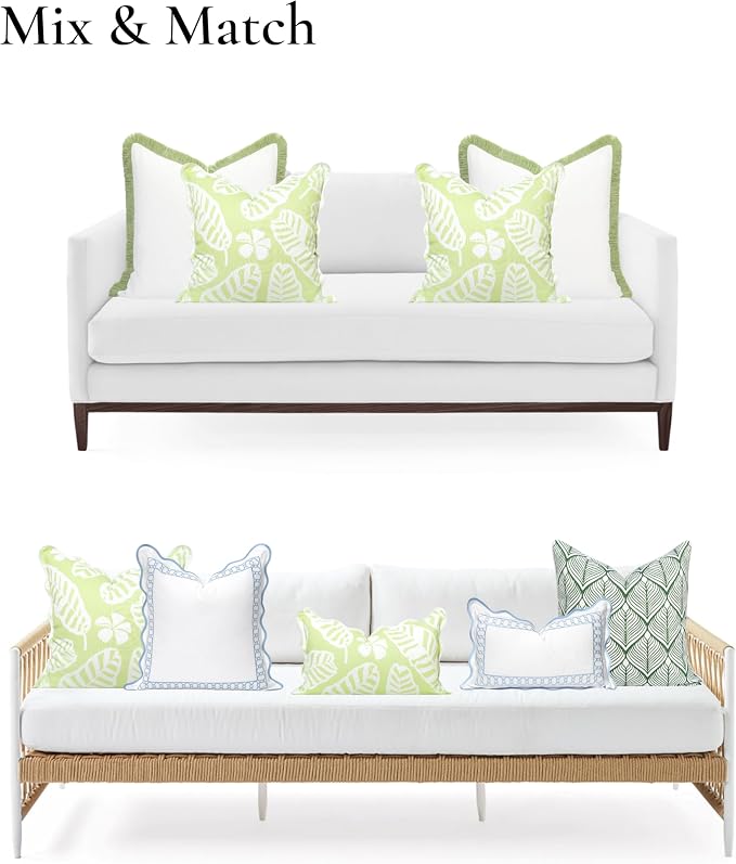 Hofdeco Premium Coastal Hampton Patio Indoor Outdoor Throw Pillow Cover Only, 20"x20" Water Repellent for Backyard, Couch, Poolside, Grass Green Print Palm Leaves and Hisbucs Flowers