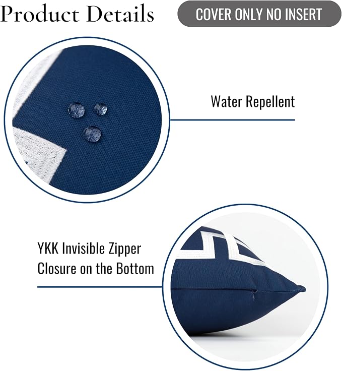 Hofdeco Premium Coastal Patio Indoor Outdoor Throw Pillow Cover Only, 20"x20" Water Repellent for Backyard, Couch, Navy Blue Embroidered Frame Greek Key