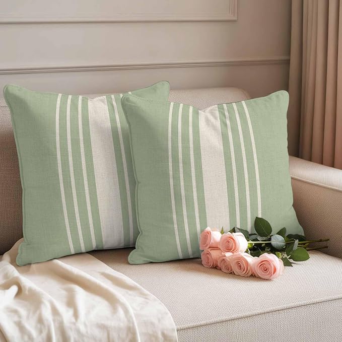 Throw Pillow Covers 16x16 Inch Set of 2, Sage Green Beige Striped Waterproof Outdoor Cushion Covers, Modern Farmhouse Retro Lines Decorative Pillowcases for Couch, Sofa, Bed, Garden, Patio