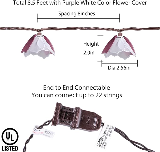 Decorative String Lights Plug in with 10 Bulbs, Flower Garland Fairy Lights Connectable Weatherproof Outdoor Indoor for Wedding Pergola Bedroom Porch Floral Home Decor (Purple White)