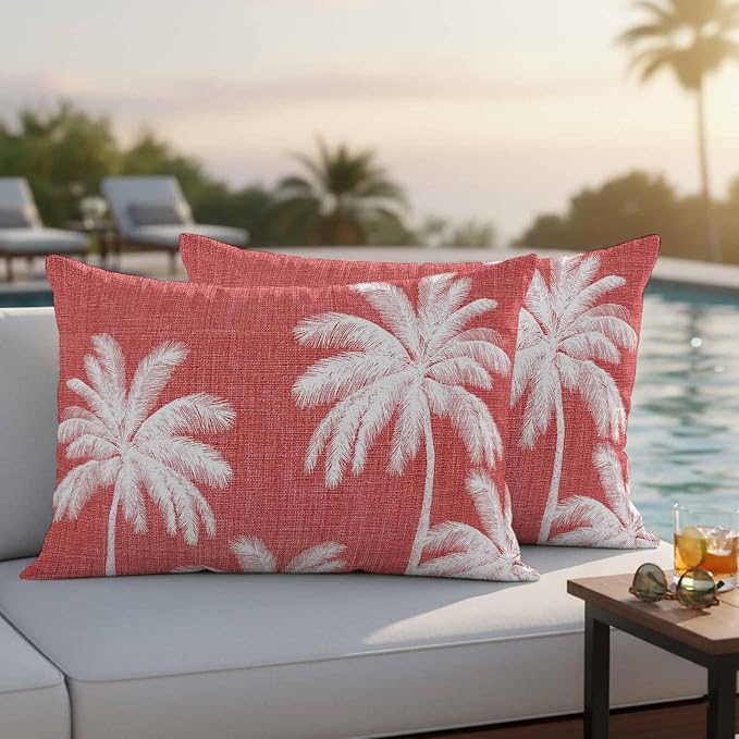 Lumbar Pillow Covers 20x12 Inch Set of 2, Coral Red Palm Trees Waterproof Outdoor Pillow Covers, Farmhouse Tropical Summer Beach Decorative Cushion Pillowcases for Couch, Sofa, Bed, Garden, Patio