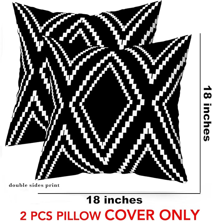 Outdoor Pillow Cover Waterproof Set of 2, Black and White Geometric Throw Pillows Cover for Patio Furniture, Outdoor Pillow Covers for Couch, Black (Black&White-01, 18" x 18" Pack of 2)
