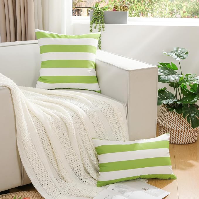 Lewondr Outdoor Throw Pillow Covers, Square Stripe Waterproof Throw Pillow Cases for Outdoor Patio Porch Farmhouse Garden Balcony Couch, 18"x18"(45x45cm)/12"x20"(30x50cm), Green + White
