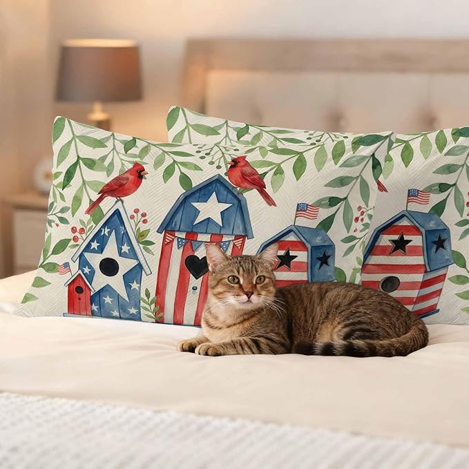 American Flag Bird House Outdoor Pillow Covers Waterproof, All Weather Cushion Case Set of 2, Green Eucalyptus Beige 250th Lumbar Pillowcase for Sofa Couch Bed Decor Patio Furniture 20"x12"