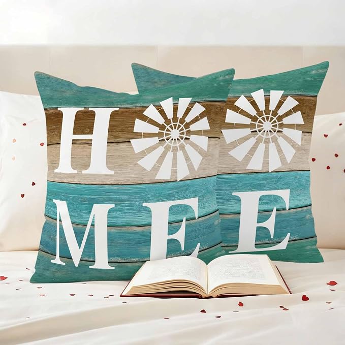 Outdoor Pillow Covers Set of 2, Home Windmill Farmhouse Wooden Decorative Throw Pillow Covers 18X18IN, Farm Teal Wood Board Throw Pillows Protector Cushion Case for Patio,Couch,Sofa,Garden