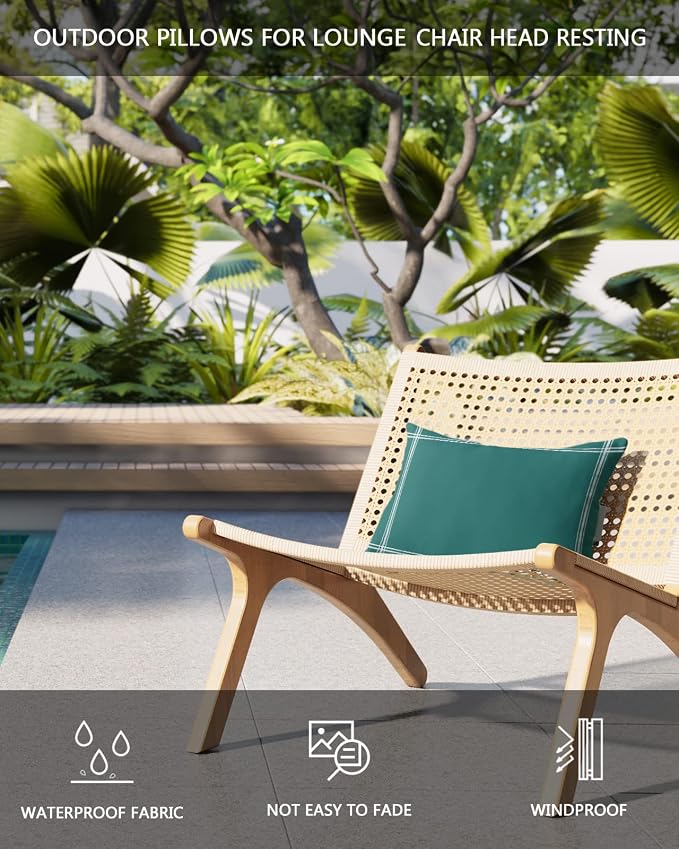 T&H XHome Outdoor Pillow for Chaise Lounge Chair, Solid Color Dark Cyan Waterproof Headrest Pillow Lumbar Pillows with Insert & Adjustable Elastic Strap for Beach, Poolside, Patio, Office (2 Pack)