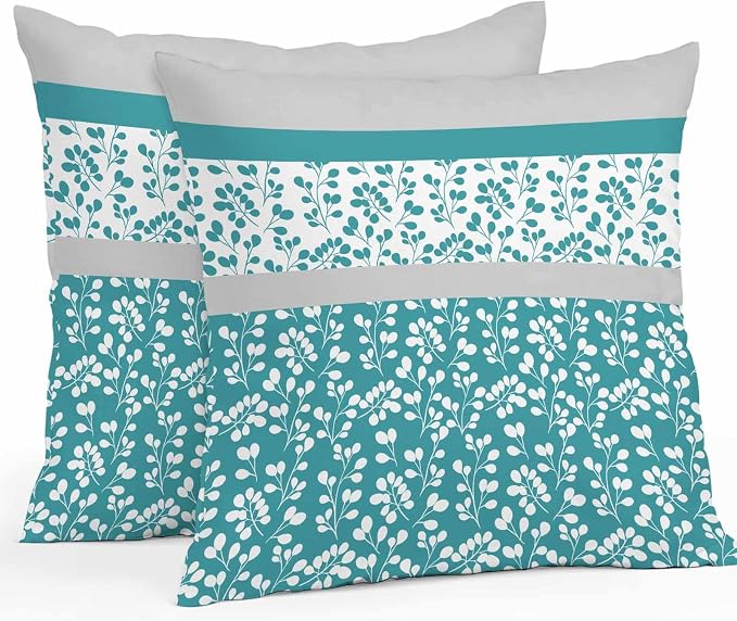 Teal Floral Outdoor Pillow Covers 20x20 Inch Throw Pillow Covers Set of 2 Waterproof Decorative Pillow Cases Botanical Blossom Motif Boho Grey Stripes Cushion Covers for Patio Furniture Garden Couch