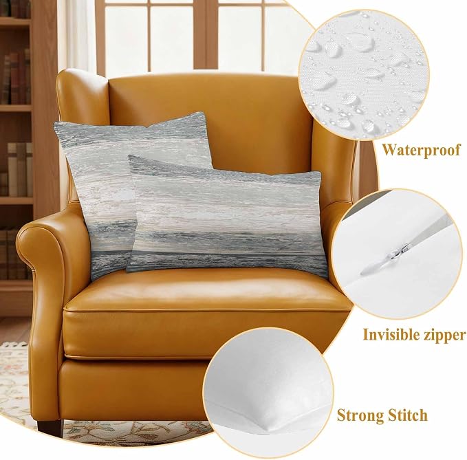 Outdoor Waterproof Throw Pillow Covers, Vintage Black Grey Decorative Pillow Cases, Farmhouse Barn Wooden Striped Couch Pillow Protector Patio Sofa Cushion Covers Replacement 16"x16" 2 Pack