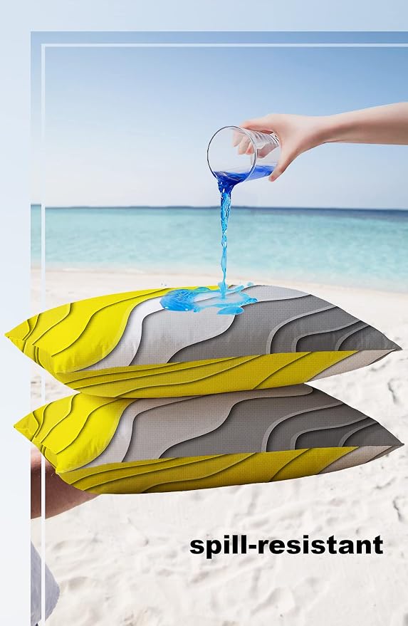 Modern Geometric Outdoor Waterproof Pillow Covers for Patio Furniture Yellow Decorative Throw Pillow Cover Abstract Beach Pillowcases Set of 2 Cushion Case for Sofa Couch Chair Home Decor 20 x 12 Inch