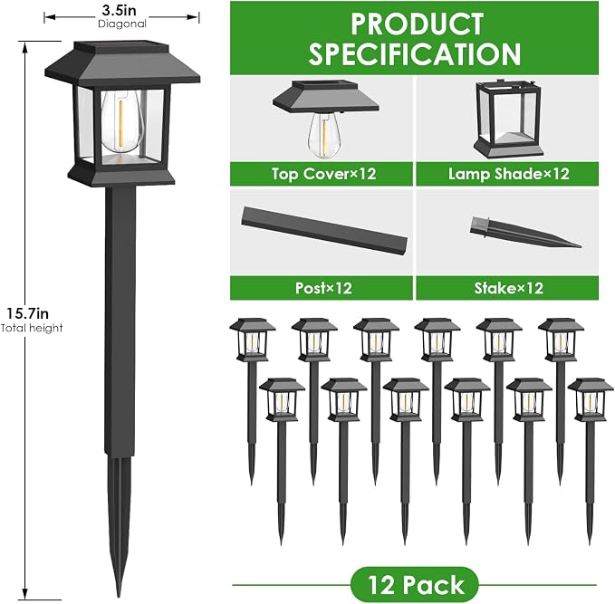 Benany Solar Outdoor Lights, 12 Pack Solar Pathway Lights Waterproof, Landscape Lighting for Path Walkway Lawn Garden Yard Outside Décor, Black