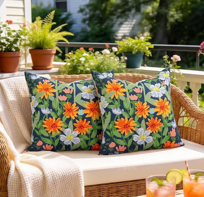 Pyonic Spring Summer Floral Outdoor Pillow Covers 18x18 inch Waterproof Throw Pillow Covers Outdoor Pillows for Patio Furniture Garden Bench Porch,Navy