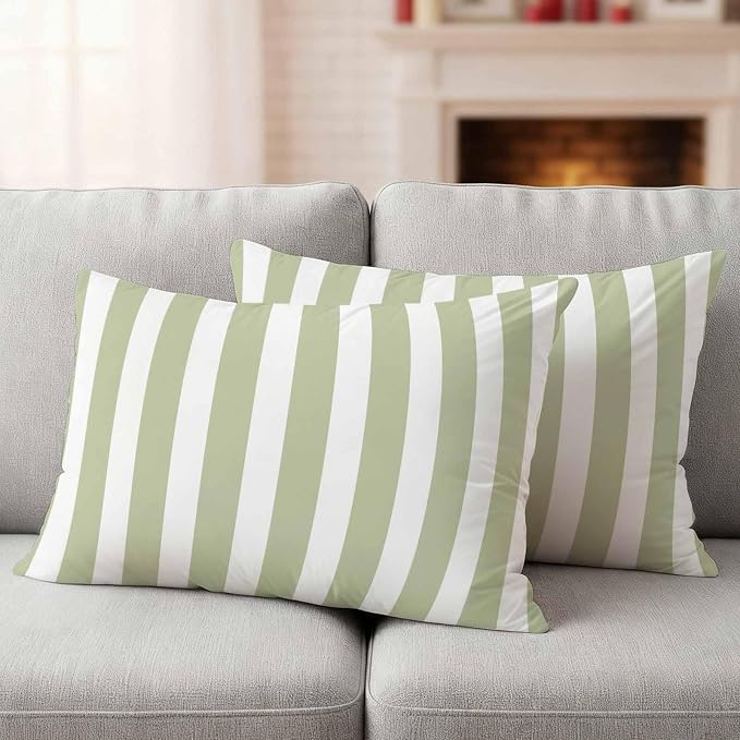 Sage Green Striped Outdoor Waterproof Throw Pillow Covers 20x12 Set of 2, Modern Farmhouse Sage Green White Stripes Decorative Pillowcases Cushion Pillowcase for Couch Sofa Patio Pillow Protector