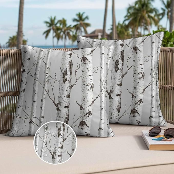 Nature Birch Trees Outdoor Waterproof Pillow Covers Pack of 2, Modern Gray Modern Tree Bark Texture Forest Throw Pillowcases Decorative Cushion Covers for Garden Patio Tent Sofa Couch, 20x20 inch