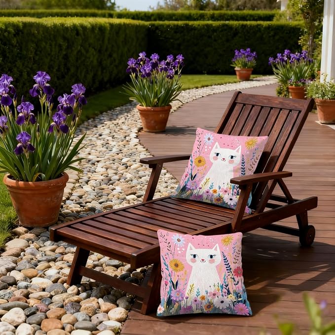 18x18 Inch Outdoor Pillow Covers Set of 2 Waterproof Throw Pillow Covers Decorative Couch Cushion Covers Pink Cat Garden Flowers Square Pillowcases Protectors for Patio Garden Sofa
