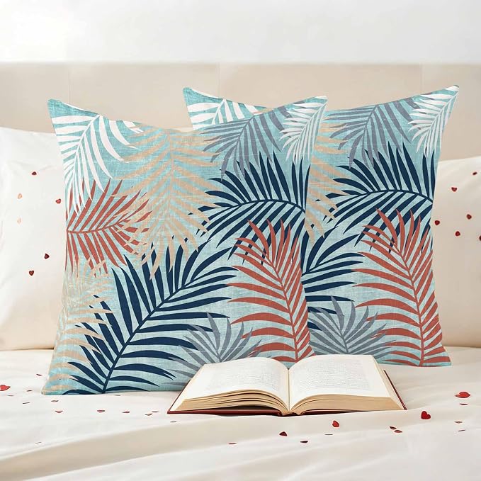 Outdoor Waterproof Throw Pillow Covers, Red Blue Teal Palm Leaves Decorative Pillow Cases, Summer Botanical Tropical Leaf Couch Pillow Protector Patio Sofa Cushion Covers Replacement 18"x18" 2 Pack