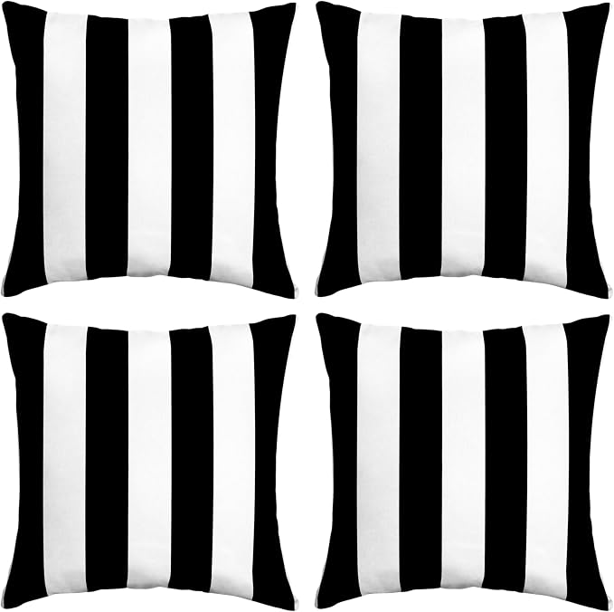 Arden Outdoor Toss Pillow, 4-Pack, 16x16, Black Cabana Stripe | Indoor/Outdoor Décor, Set of 4, 16 x 16, Rain-Proof, Fade Resistant, Mold and Mildew Resistant