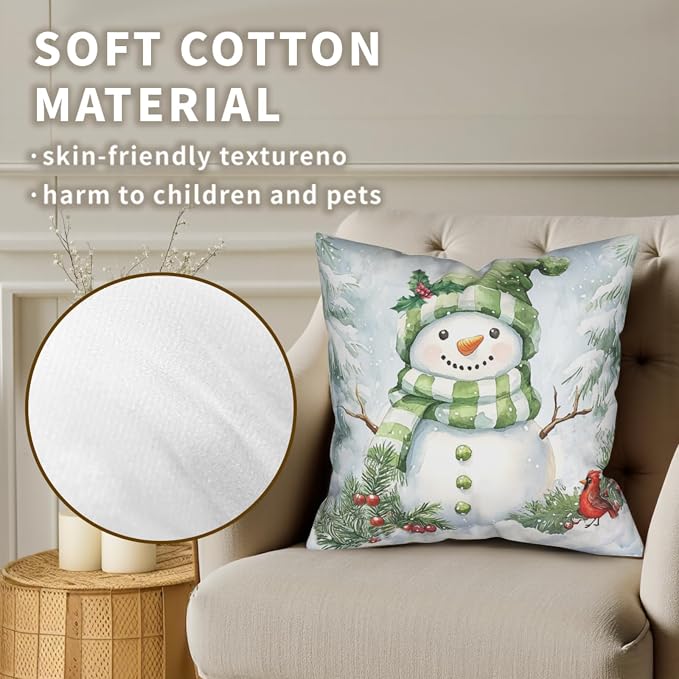 Set of 2 Winter Pillow Covers 16x16 Green Snowman Pine Tree Holly Berry Cardinal Bird Throw Pillow Covers Holiday Pillow Case for Home Decor Couch Sofa