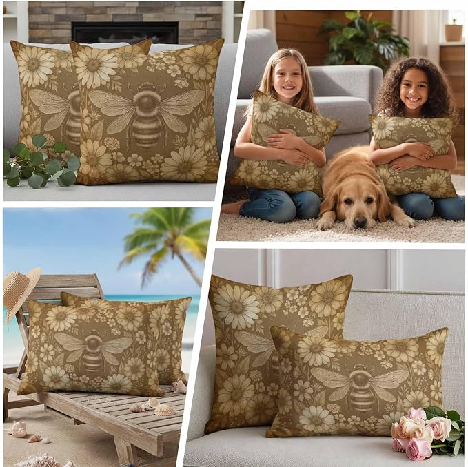 Outdoor Pillow Covers Waterproof, Brown Bee Decorative Square Throw Pillowcases Patio Cushion Covers for Tent/Garden, 16" x 16" 2 Pack, Farmhouse Vintage Animals Botanical Flowers