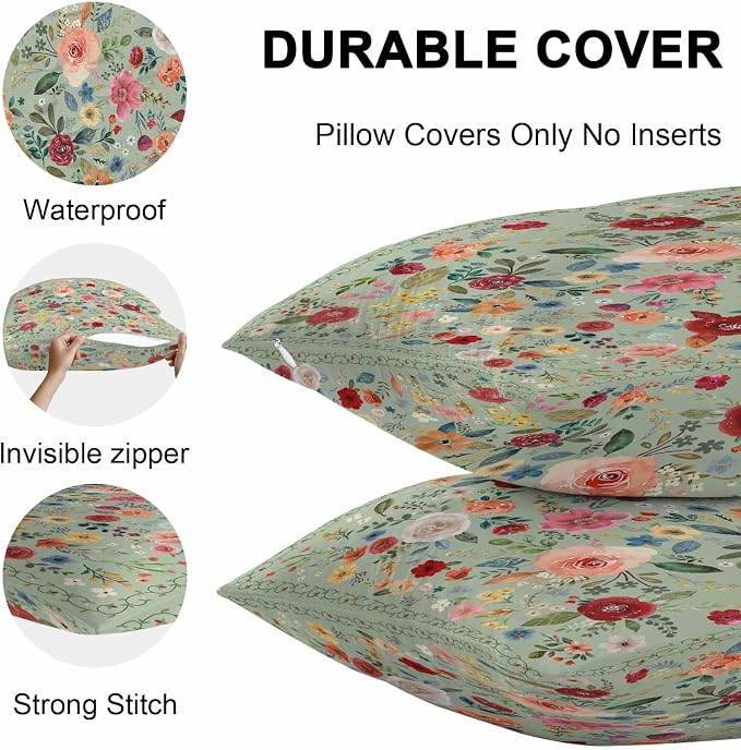 Vandarllin Outdoor Throw Pillows Covers 24x24 inch Set of 2 Waterproof Sage Green Floral Decorative Zippered Cushion Covers for Patio Furniture, Farmhouse Vintage Flower Lumbar Pillowcases