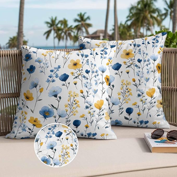 Watercolor Blue Outdoor Waterproof Throw Pillow Covers Set of 2, 18"x18", and Yellow Flower Leaves Spring Plant Decorative Pillow Covers Outside Cushion Case for Patio Porch Garden
