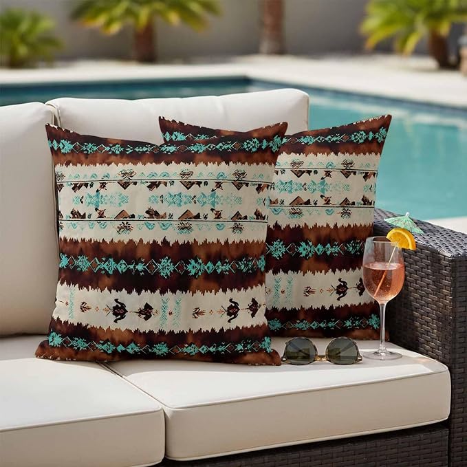 Western Aztec Outdoor Pillow Covers 18"x18" Set of 2, Brown Turquoise Tribal Ethnic Geometric Waterproof Throw Pillow Covers for Patio Furniture, Decorative Cushion Covers for Porch