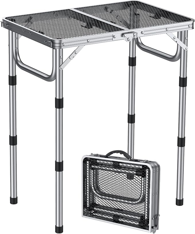 Anbte 2ft Folding Grill Table, Adjustable Height Max 27.5" Aluminum Camping Table, Heat-Resistant Tabletop, Lightweight, Portable Handle for Travel Cooking BBQ Picnic, 22.8" x 16", Silver