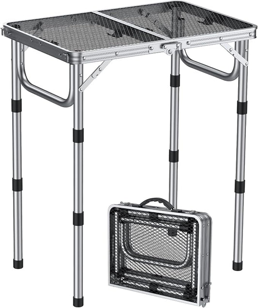 Anbte 2ft Folding Grill Table, Adjustable Height Max 27.5" Aluminum Camping Table, Heat-Resistant Tabletop, Lightweight, Portable Handle for Travel Cooking BBQ Picnic, 22.8" x 16", Silver