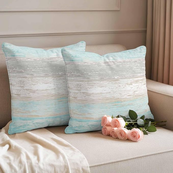Outdoor Waterproof Throw Pillow Covers, Vintage Teal Grey Decorative Pillow Cases, Farmhouse Barn Wooden Striped Couch Pillow Protector Patio Sofa Cushion Covers Replacement 18"x18" 2 Pack