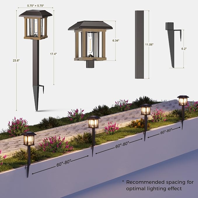 XMCOSY+ 4-Pack Solar Pathway Lights Outdoor, 25 Lumens Solar Garden Lights | IP65 Waterproof Seeded Glass & Metal Stakes, 2-Tone Vintage Edison LED Landscape Lighting for Yard, Patio, Walkway & Driveway