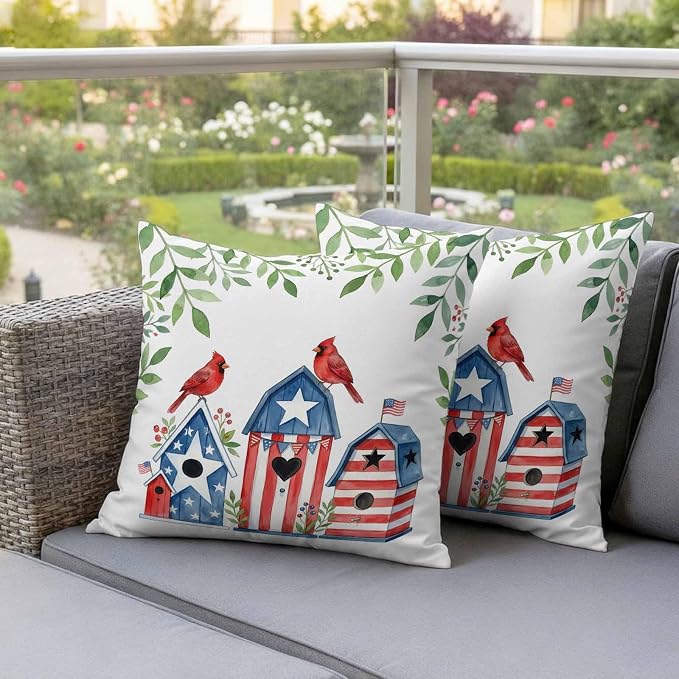 American Flag Bird House Outdoor Pillow Covers Waterproof, All Weather Cushion Case Set of 2, Green Eucalyptus Leaves 250th Decorative Pillowcases for Sofa Couch Bed Decor Patio Furniture 20"x20"