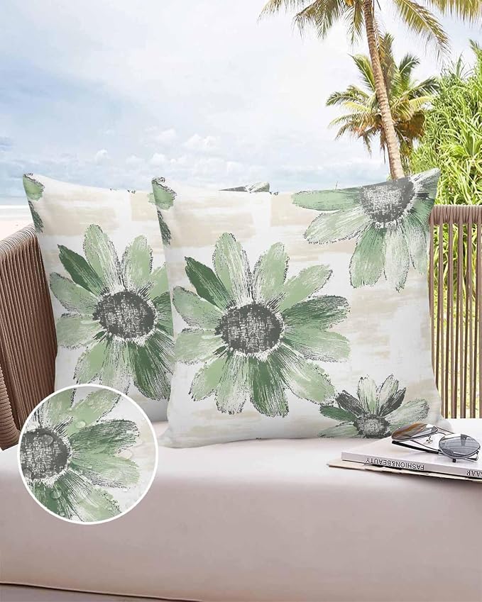 Vandarllin Outdoor Throw Pillows Covers 24x24 inch Set of 2 Waterproof Green Sunflower Decorative Zippered Cushion Covers for Patio Furniture, Floral Field Lumbar Pillowcases