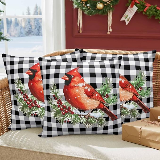 Vandarllin Christmas Outdoor Throw Pillows Covers 18X18 Set of 2 Waterproof Red Cardinals Decorative Zippered Lumbar Cushion Covers for Patio Furniture, White Black Buffalo Check Plaid