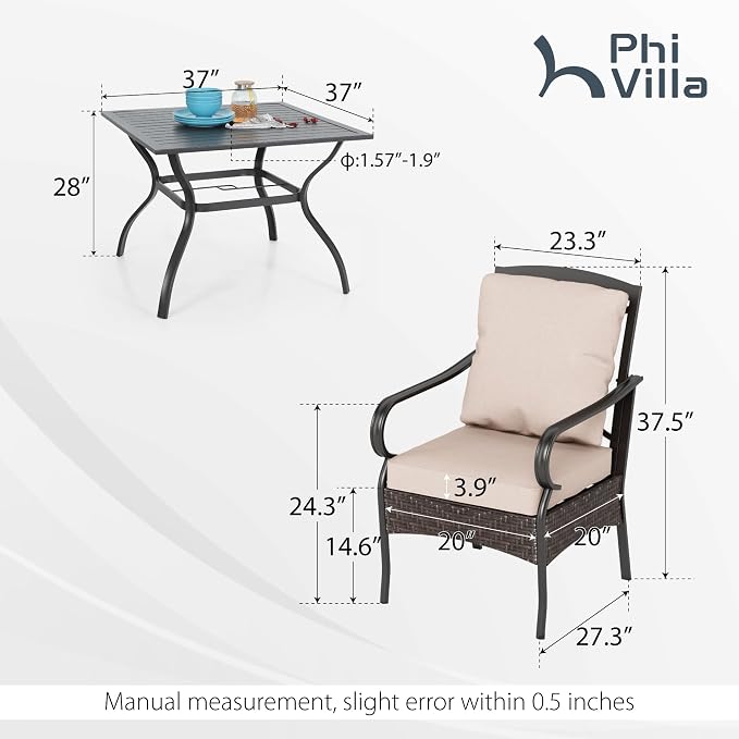 PHI VILLA 5 Piece Patio Dining Set, Square Table, Wicker Chairs | Heavy Duty Patio Table Set for Deck, 4 Extra Large Outdoor Metal Wicker Dining Chairs with Thick Cushions